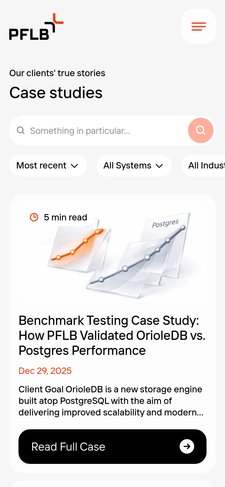 The mobile version simplifies the layout into a single-column vertical scroll. The hero section retains the 'Case studies' headline and search bar, but the filter dropdowns are condensed. Each case study is presented as a large, full-width card featuring a prominent 3D illustration, the case title, and a large black 'Read Full Case' call-to-action button at the bottom.