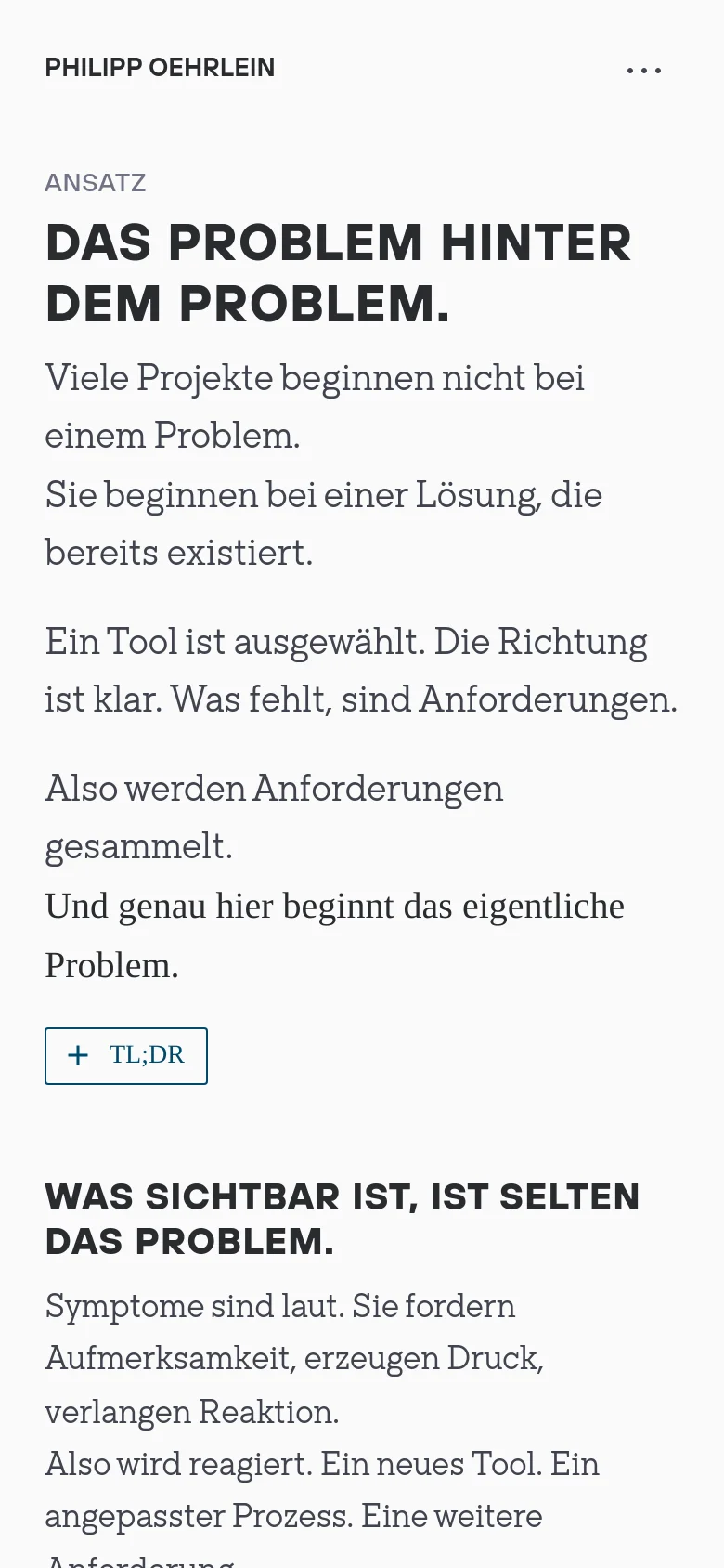 Mobile version of the website showing a single-column vertical layout optimized for small screens. The navigation is condensed into a three-dot menu icon in the top right, and the large headline and text content span the width of the screen for easy reading.