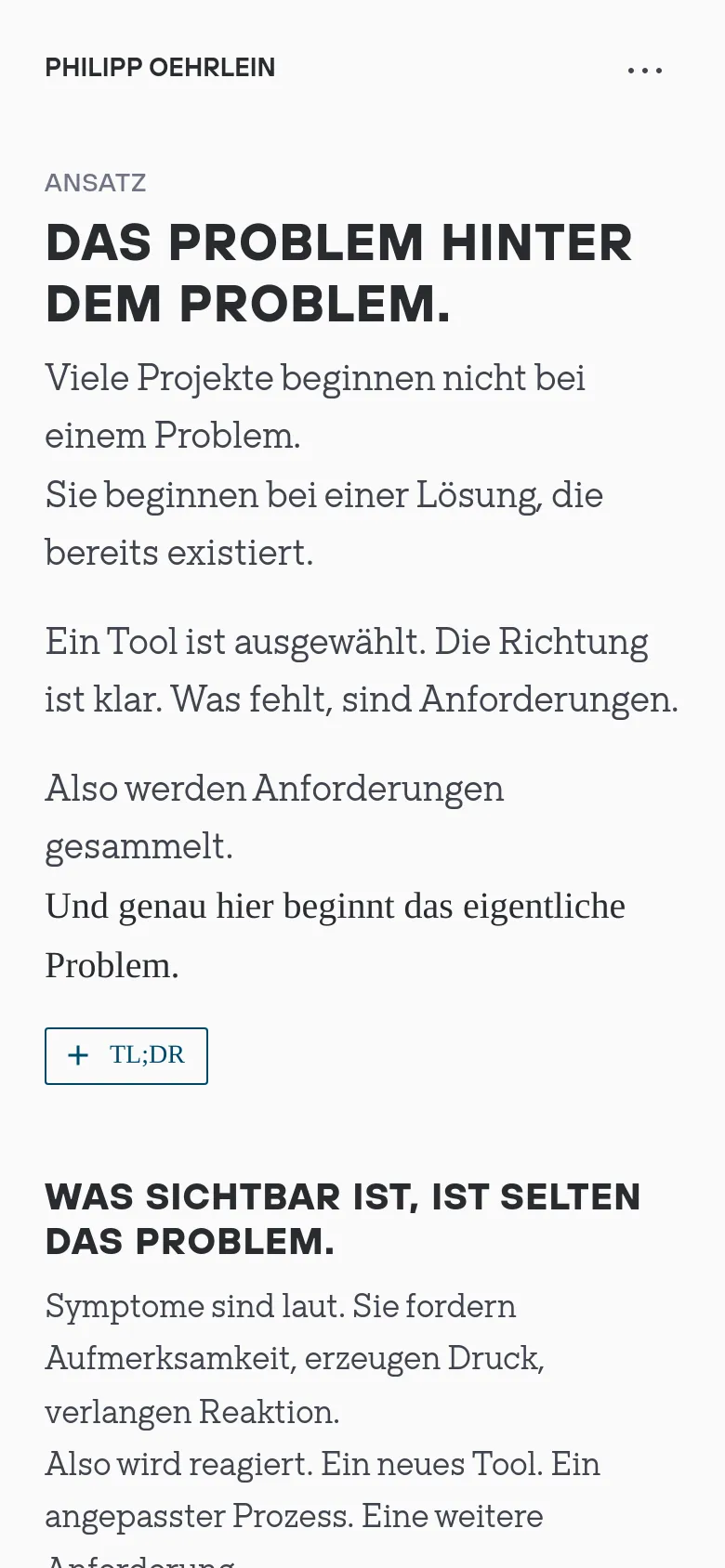 Mobile version of the website showing a single-column vertical layout optimized for small screens. The navigation is condensed into a three-dot menu icon in the top right, and the large headline and text content span the width of the screen for easy reading.