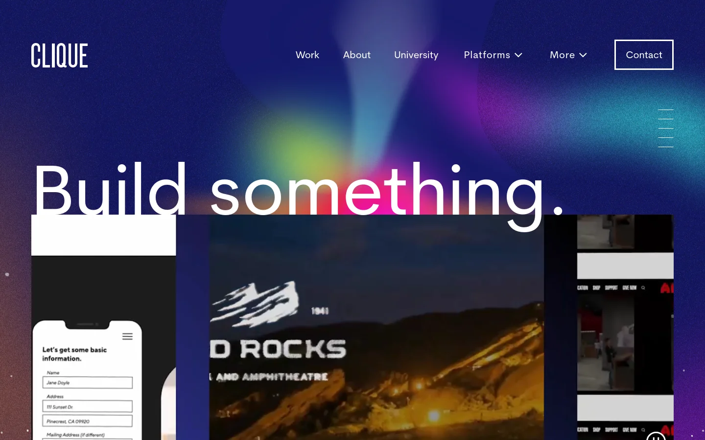 The desktop homepage features a dark, cosmic-themed hero section with a vibrant, glowing light effect in the center. A large white headline reads 'Build something.' above a video player, and the navigation menu includes links for Work, About, University, Platforms, and More, with a prominent 'Contact' button on the right.