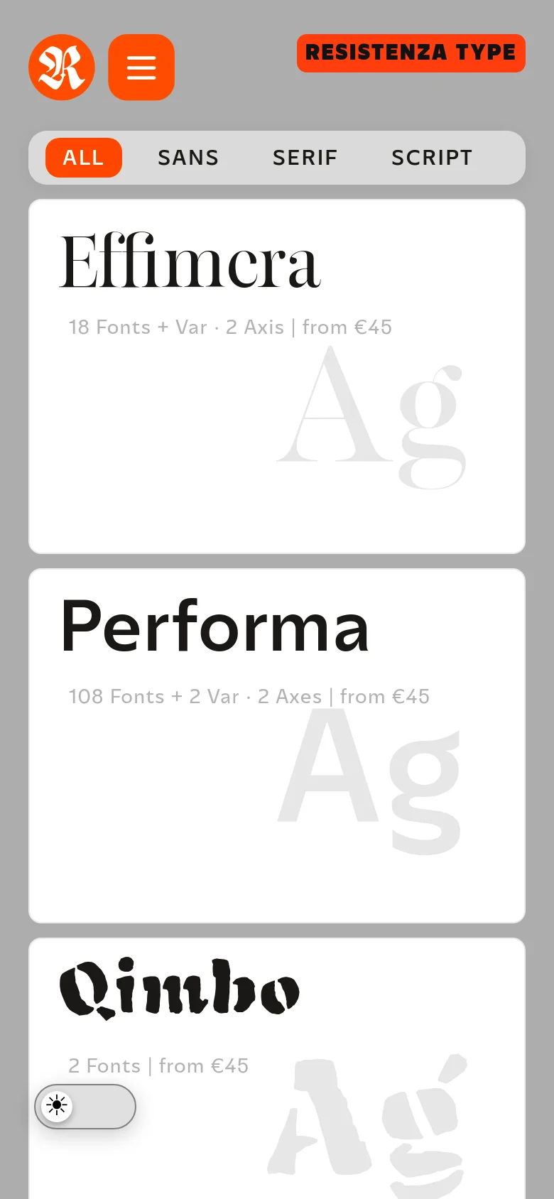 The mobile version presents a simplified vertical layout with a centered logo and a hamburger menu icon at the top. The font category filters are displayed as a horizontal scrolling bar, and the font specimen cards are stacked vertically in a single column for easier scrolling on small screens.