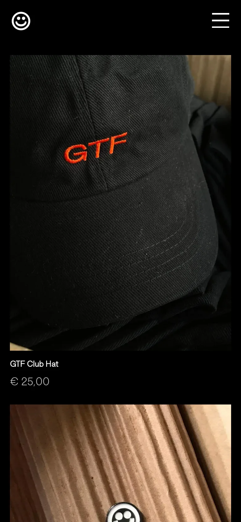 The mobile version displays a single-column vertical layout of the product images, making each item appear much larger on the screen. The navigation is simplified to a hamburger menu and a smiley face icon at the top, while the product grid shifts from multiple columns to a stacked view for easier scrolling.