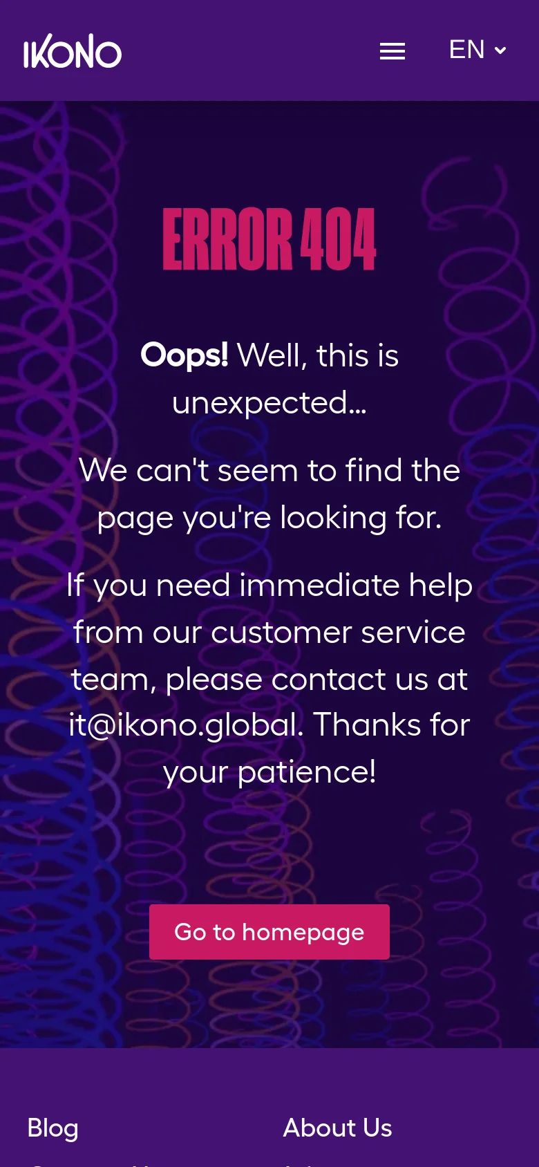A mobile version of the 404 error page with a similar dark purple background and neon spiral graphics. The layout is vertically stacked, featuring the pink 'ERROR 404' text, a centered error message, and a prominent pink 'Go to homepage' button. The header is simplified with a hamburger menu icon and a language selector.