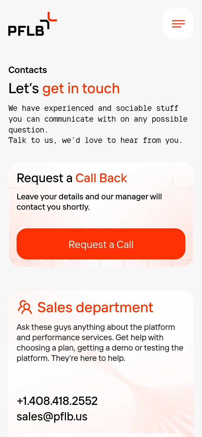 The mobile version uses a single-column vertical layout optimized for small screens. The header is condensed with a hamburger menu icon, and the 'Request a Call Back' and contact cards are stacked vertically instead of being side-by-side.