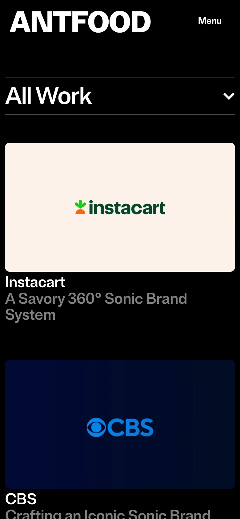 The mobile version presents a simplified vertical layout with a condensed header and a 'Menu' button. The 'All Work' title includes a dropdown arrow for category selection, and the project tiles are stacked vertically in a single column, making the large video thumbnails and brand descriptions easy to scroll through.