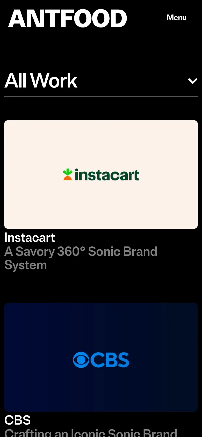 The mobile version presents a simplified vertical layout with a condensed header and a 'Menu' button. The 'All Work' title includes a dropdown arrow for category selection, and the project tiles are stacked vertically in a single column, making the large video thumbnails and brand descriptions easy to scroll through.