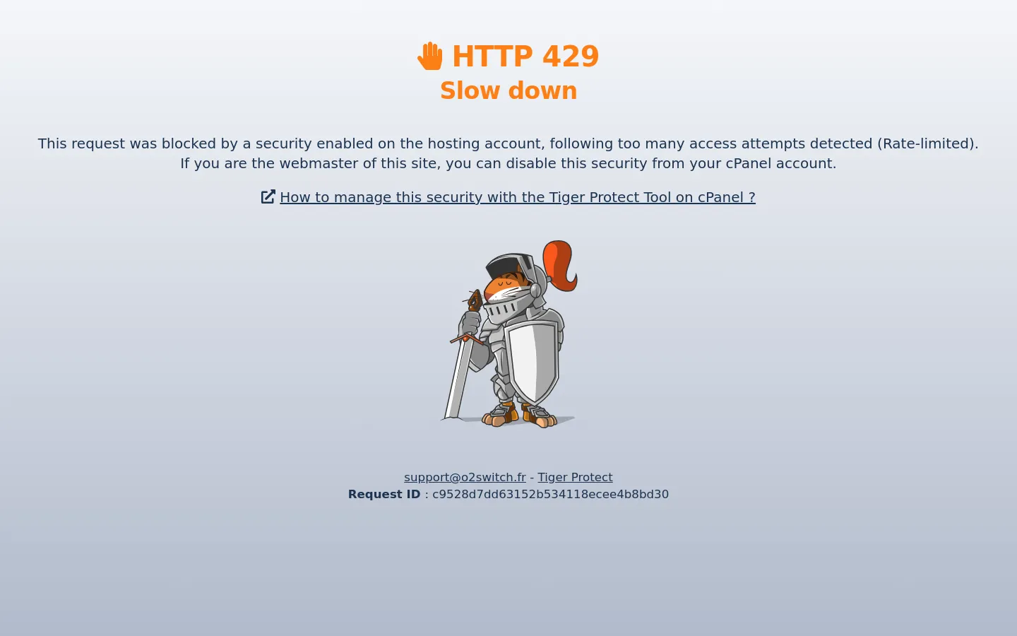 A minimalist error page with a light gray background. An orange 'HTTP 429 Slow down' headline is centered above an illustration of a cartoon tiger knight in silver armor holding a sword and shield. Below the image, there is a link for security management and contact information.