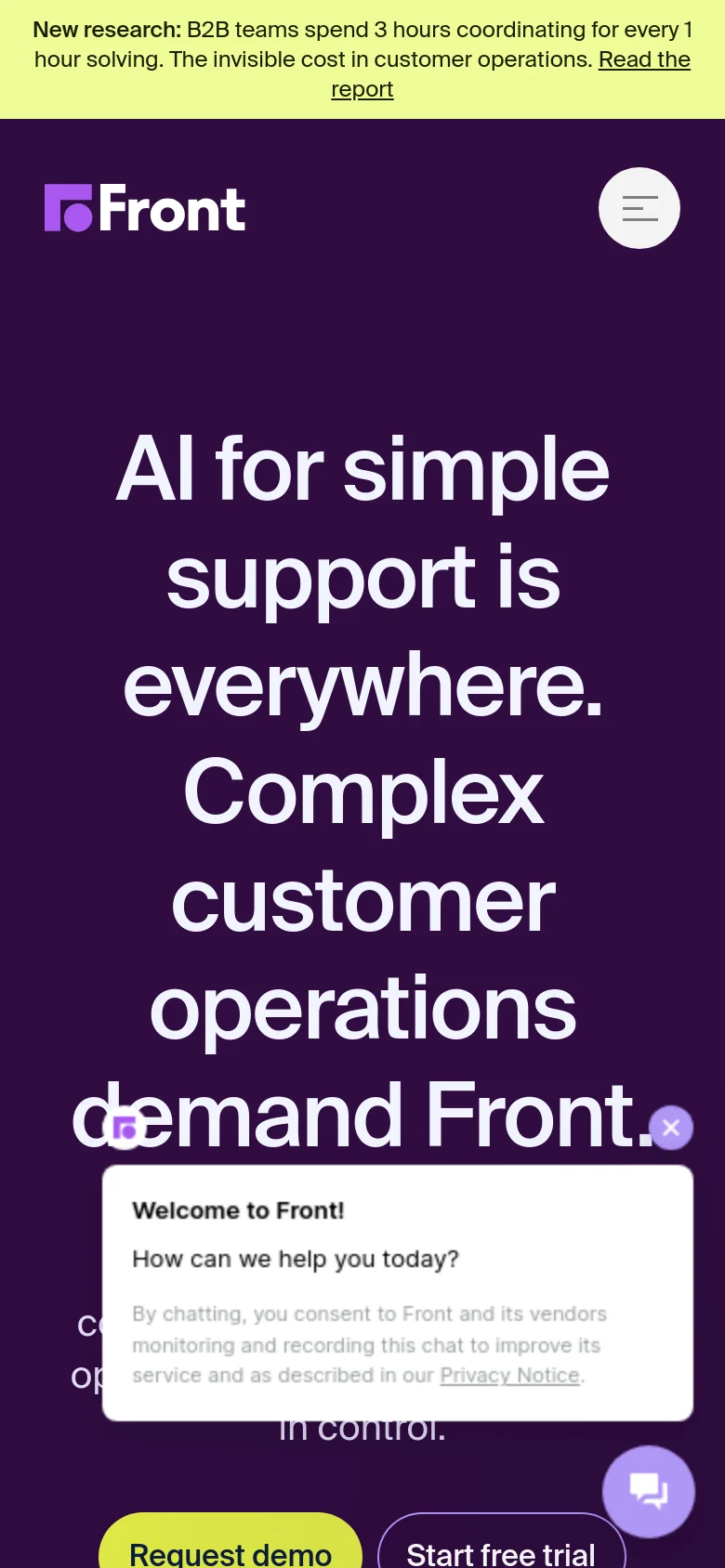 Front mobile homepage with a stacked layout on a deep purple background. The hero headline is centered above a hamburger menu and prominent call-to-action buttons for Request demo and Start free trial.