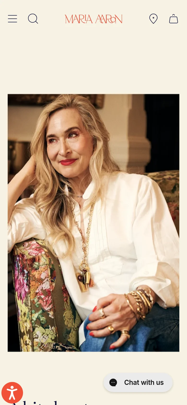 The mobile version simplifies the layout into a single column, placing the large portrait of the woman above the text content. The top navigation is condensed into a hamburger menu and search icon, and a floating 'Chat with us' button is visible at the bottom right.