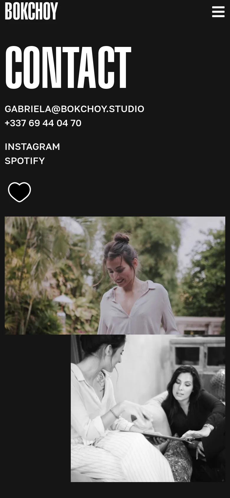 The mobile version presents a simplified vertical layout on a dark background, prioritizing the large 'CONTACT' headline and contact information at the top. The social links and a heart icon are stacked vertically above two large, full-width lifestyle images that occupy the bottom half of the screen. The navigation menu is condensed into a hamburger icon in the top right corner.