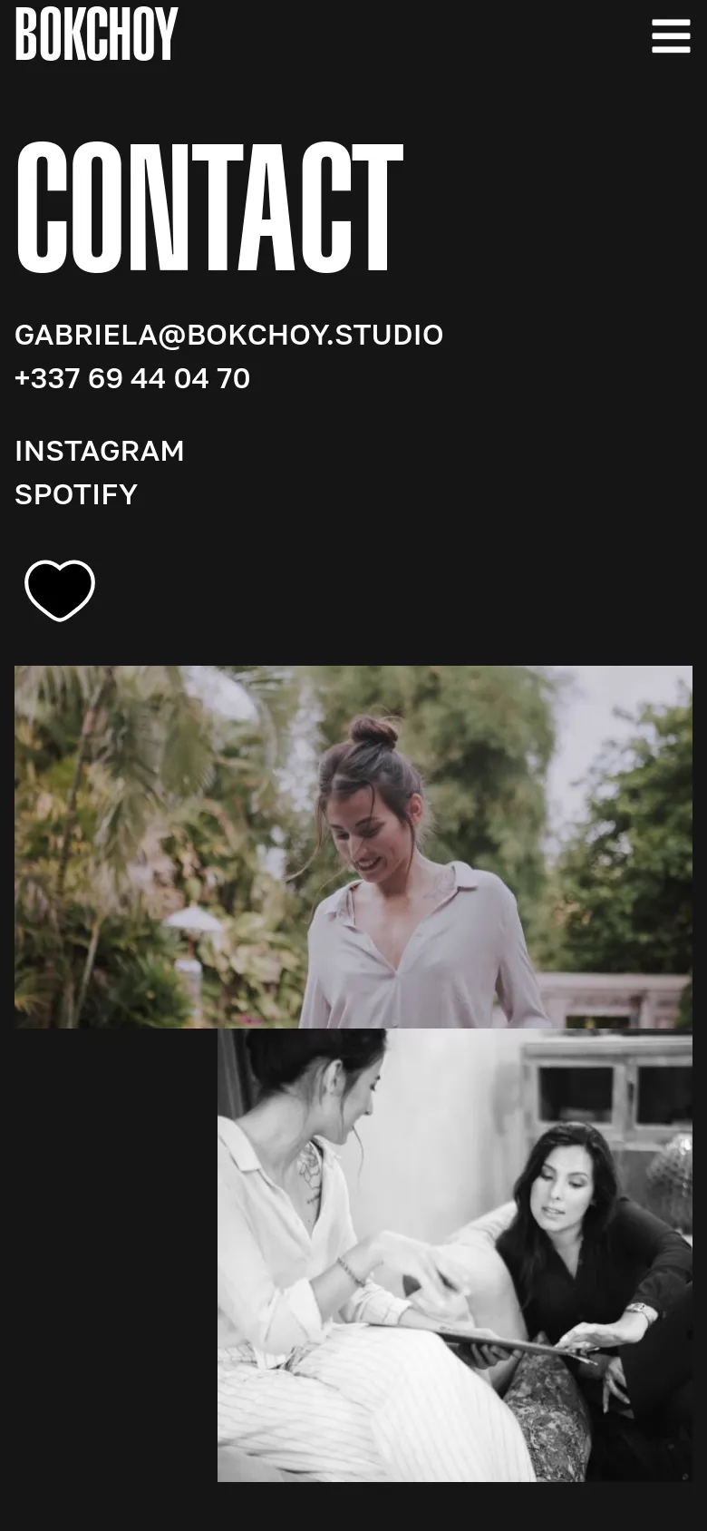 The mobile version presents a simplified vertical layout on a dark background, prioritizing the large 'CONTACT' headline and contact information at the top. The social links and a heart icon are stacked vertically above two large, full-width lifestyle images that occupy the bottom half of the screen. The navigation menu is condensed into a hamburger icon in the top right corner.