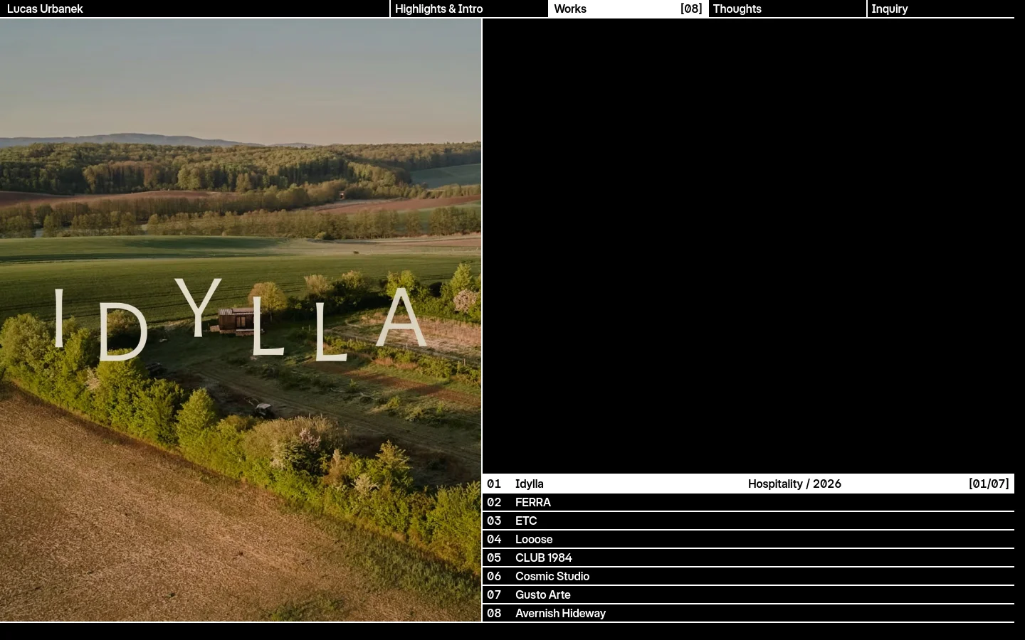 The desktop version of the Works page features a split-screen layout with a large, cinematic aerial photograph of a rural landscape on the left and a black section on the right. The right side contains a navigation menu at the top and a numbered list of projects, such as Idylla and FERRA, at the bottom, set against a dark background with white text.