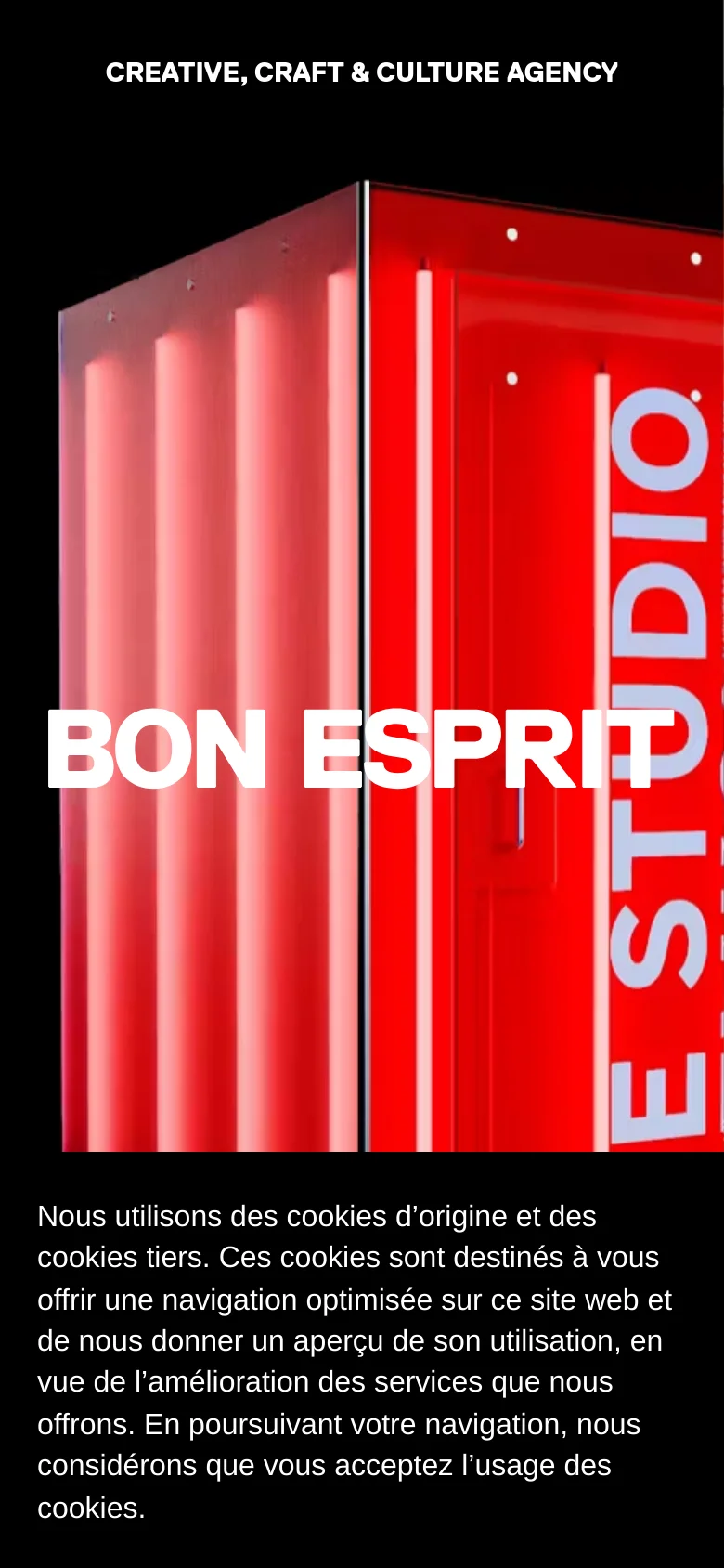 The mobile version maintains the high-contrast black and red aesthetic, focusing on the large 'BON ESPRIT' white text over the red neon hero image. The navigation menu is hidden, and the cookie consent text is stacked vertically at the bottom to fit the narrow screen width.
