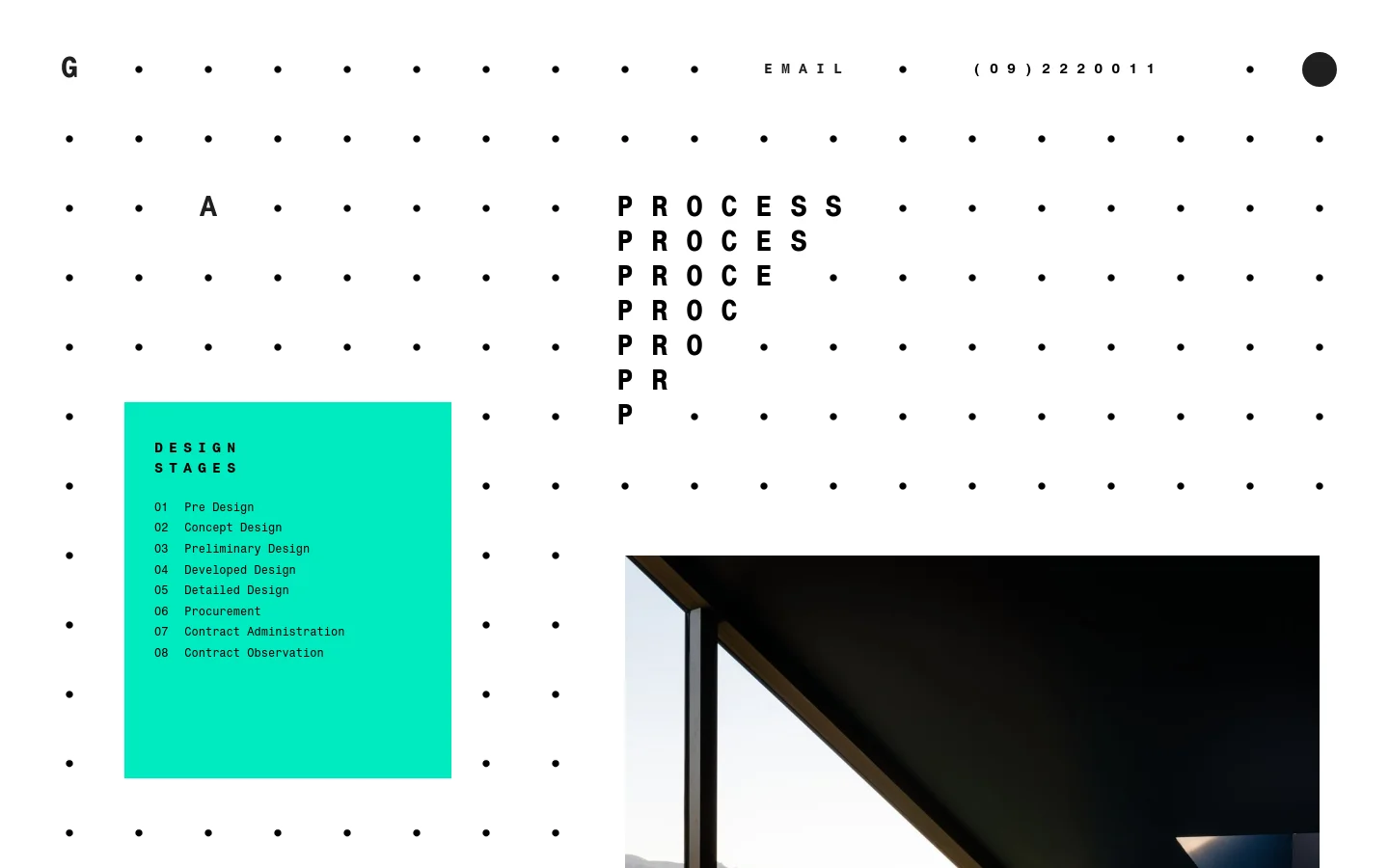 The desktop page features a minimalist design with a white background and a grid of black dots. A large teal rectangle on the left contains a list of eight design stages, while the right side displays a large architectural photograph of a modern interior overlooking the ocean. The header includes the brand initials 'G A' and contact information in a clean, spaced-out layout.