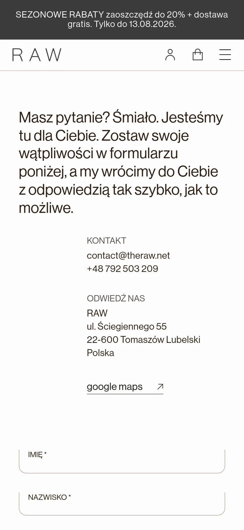 The mobile version uses a single-column vertical layout, placing the contact information and Google Maps link above the contact form. The navigation is condensed into a hamburger menu icon at the top right, and the text is scaled for readability on a smaller screen.