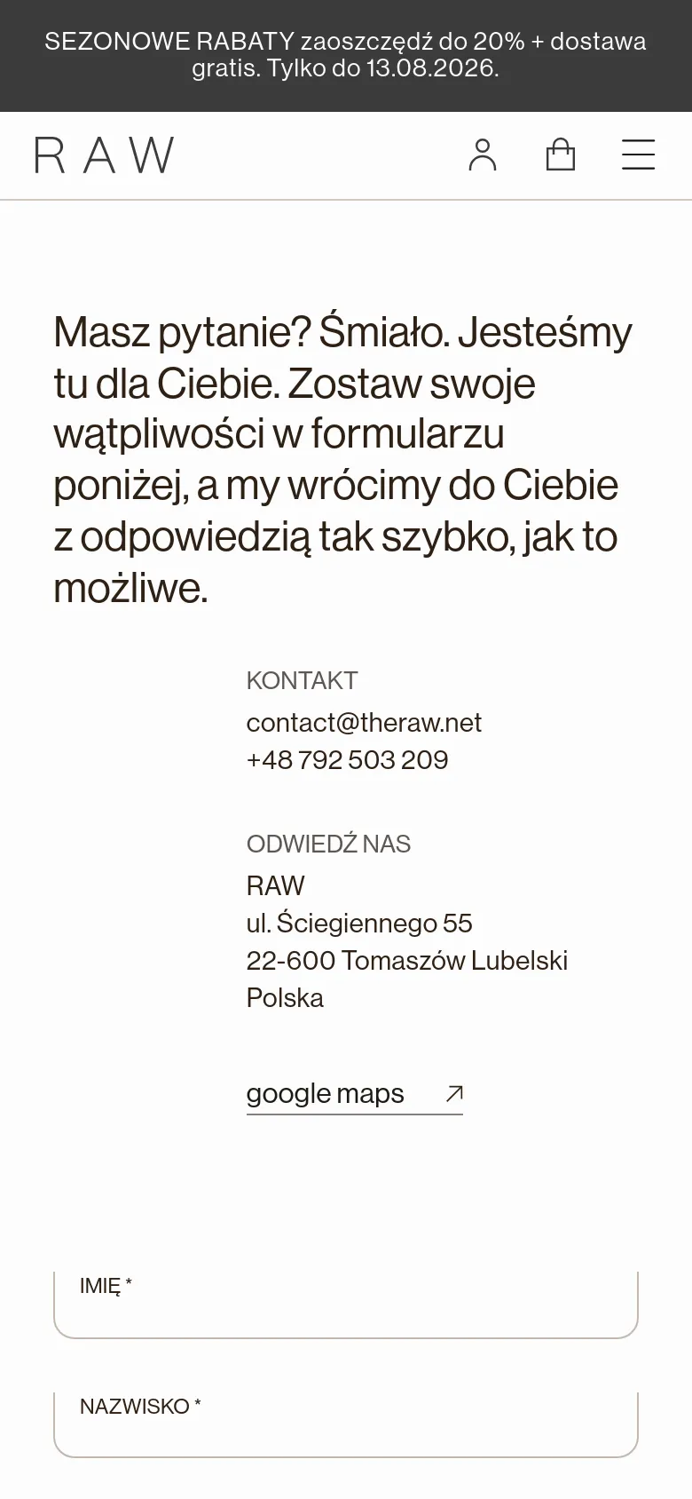 The mobile version uses a single-column vertical layout, placing the contact information and Google Maps link above the contact form. The navigation is condensed into a hamburger menu icon at the top right, and the text is scaled for readability on a smaller screen.