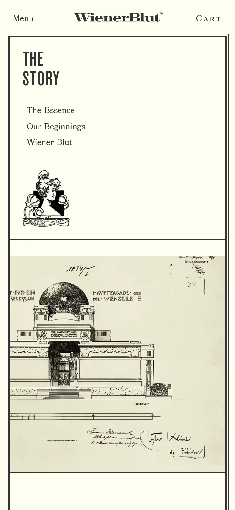 The mobile version uses a single-column vertical layout optimized for scrolling. The header displays the brand name 'WienerBlut' with 'Menu' and 'CART' options, followed by a large 'THE STORY' title and navigation links, a decorative illustration, and a large architectural sketch that spans the width of the screen.