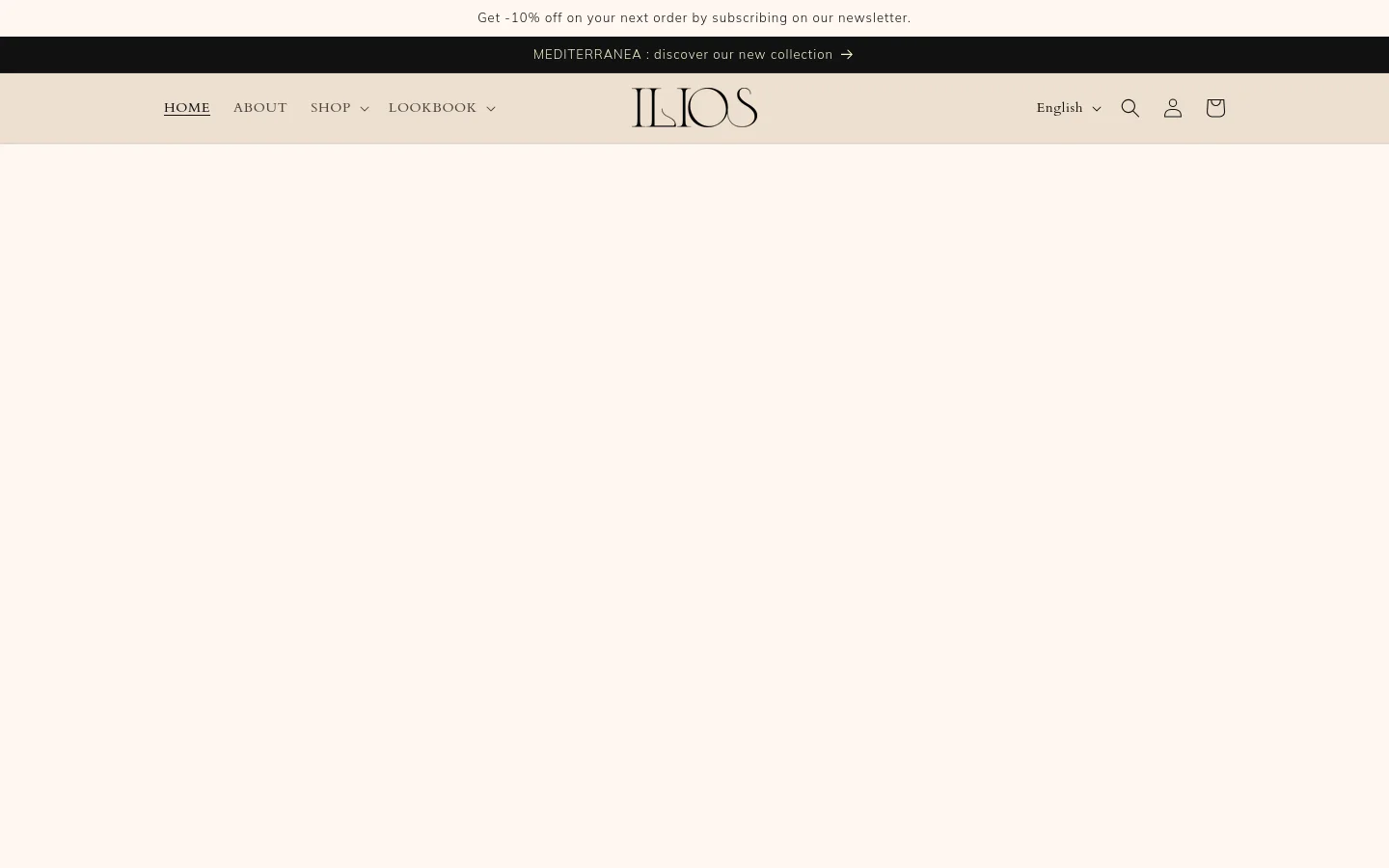 The desktop homepage features a minimalist cream-colored layout with a centered logo and navigation menu. A large hero video is followed by a series of full-width lifestyle images showcasing women in swimwear, each paired with collection titles like 'STOPOVER IN GREECE' and 'CASA SOL' and 'Discover the collection' call-to-action links.