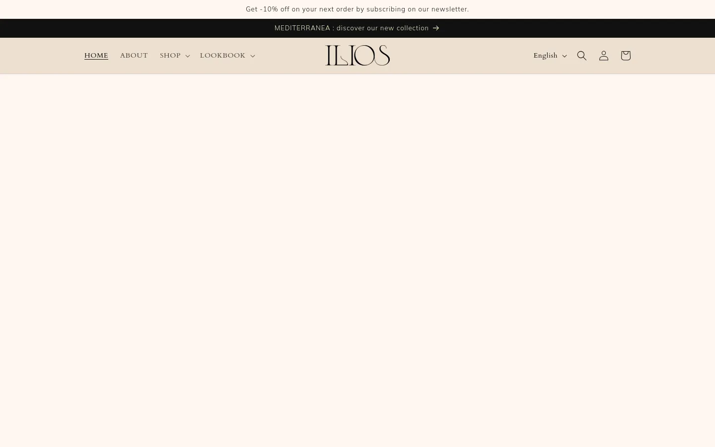 The desktop homepage features a minimalist cream-colored layout with a centered logo and navigation menu. A large hero video is followed by a series of full-width lifestyle images showcasing women in swimwear, each paired with collection titles like 'STOPOVER IN GREECE' and 'CASA SOL' and 'Discover the collection' call-to-action links.