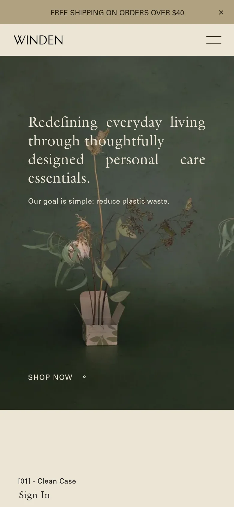 The mobile version simplifies the layout with a centered 'WINDEN' logo and a hamburger menu icon in the header. The hero section maintains the dark green aesthetic and botanical imagery but uses larger, stacked typography for the main headline. The 'Shop Now' button and product listings are rearranged into a single-column vertical scroll.
