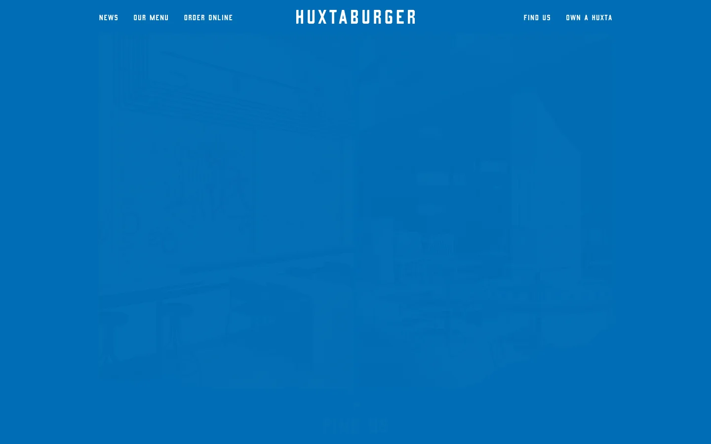 The desktop page features a blue background with a white Huxtaburger logo in the center of the navigation bar. Below the header, location information is organized by state (VIC, WA, NSW) with large clickable map images followed by bolded address and phone number details for each restaurant.