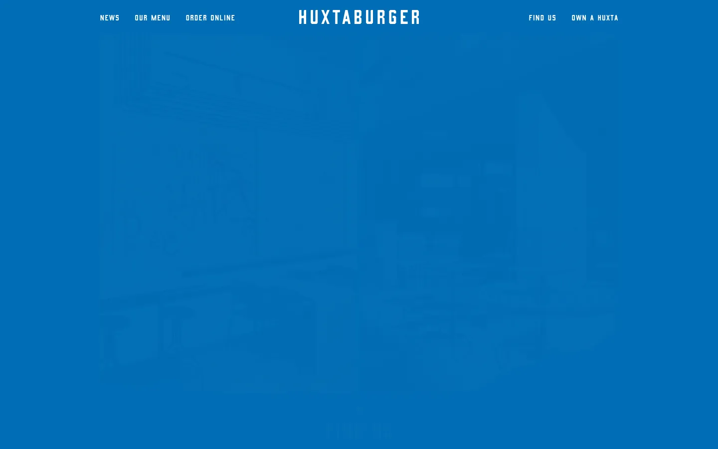 The desktop page features a blue background with a white Huxtaburger logo in the center of the navigation bar. Below the header, location information is organized by state (VIC, WA, NSW) with large clickable map images followed by bolded address and phone number details for each restaurant.