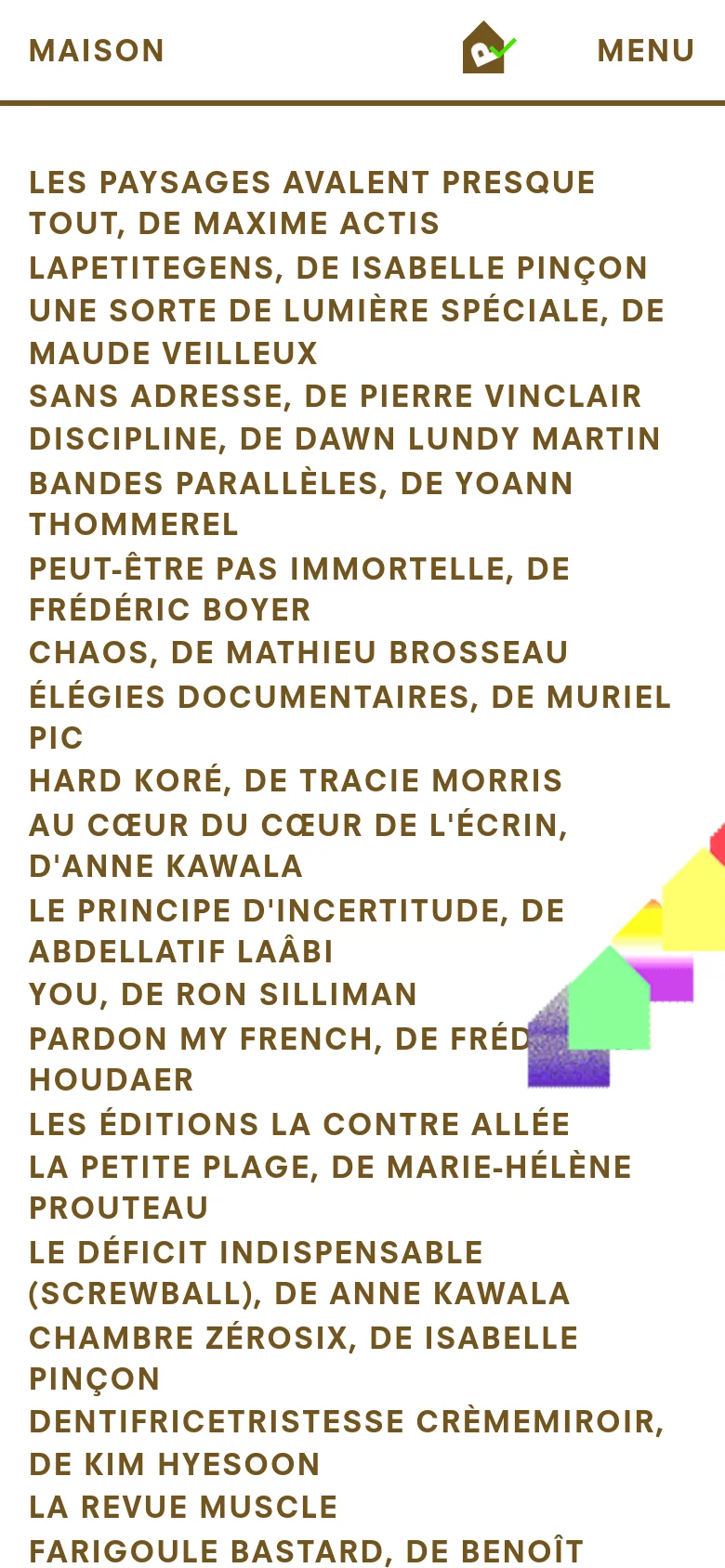 The mobile version simplifies the layout to a single vertical column, focusing on the list of reading notes in large, bold, all-caps text. The header is condensed, showing only the site name, a house icon, and a 'MENU' button, while the search and newsletter options are tucked away. The overall aesthetic remains minimalist with high contrast between the black text and white background.