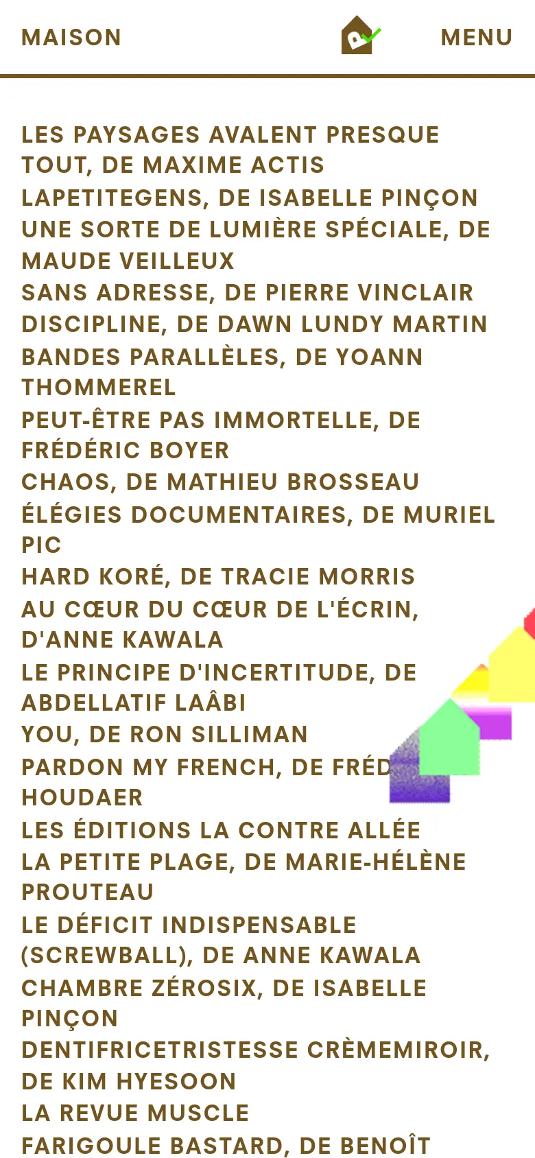 The mobile version simplifies the layout to a single vertical column, focusing on the list of reading notes in large, bold, all-caps text. The header is condensed, showing only the site name, a house icon, and a 'MENU' button, while the search and newsletter options are tucked away. The overall aesthetic remains minimalist with high contrast between the black text and white background.
