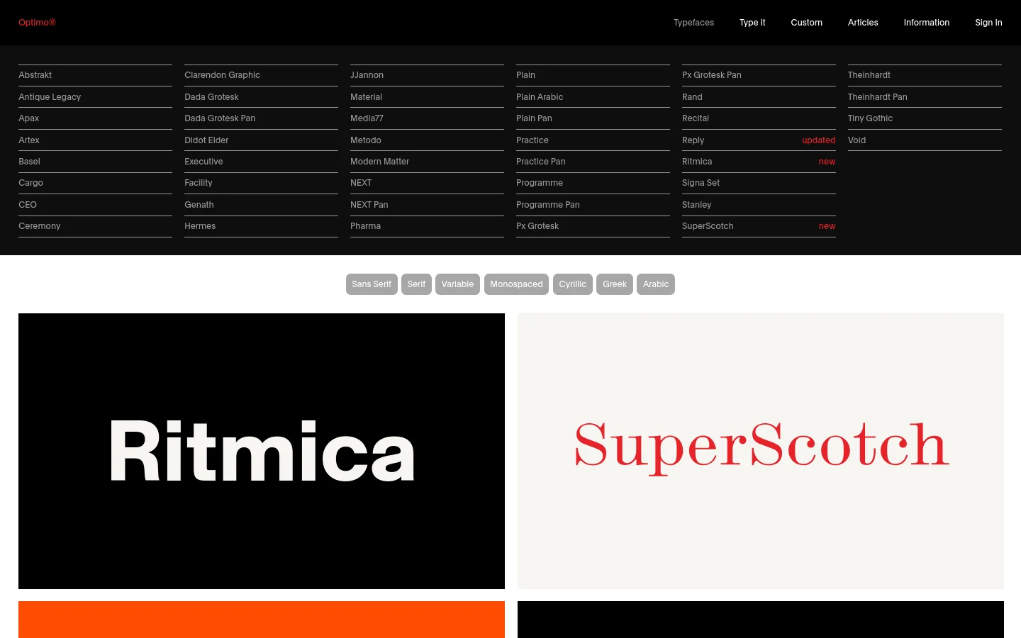 The desktop page features a black header with a multi-column list of typeface names in white text. Below the list, a row of light gray filter buttons includes categories like Sans Serif and Serif. Large, high-contrast rectangular tiles showcase specific typefaces, such as 'Ritmica' in white on black and 'SuperScotch' in red on off-white.