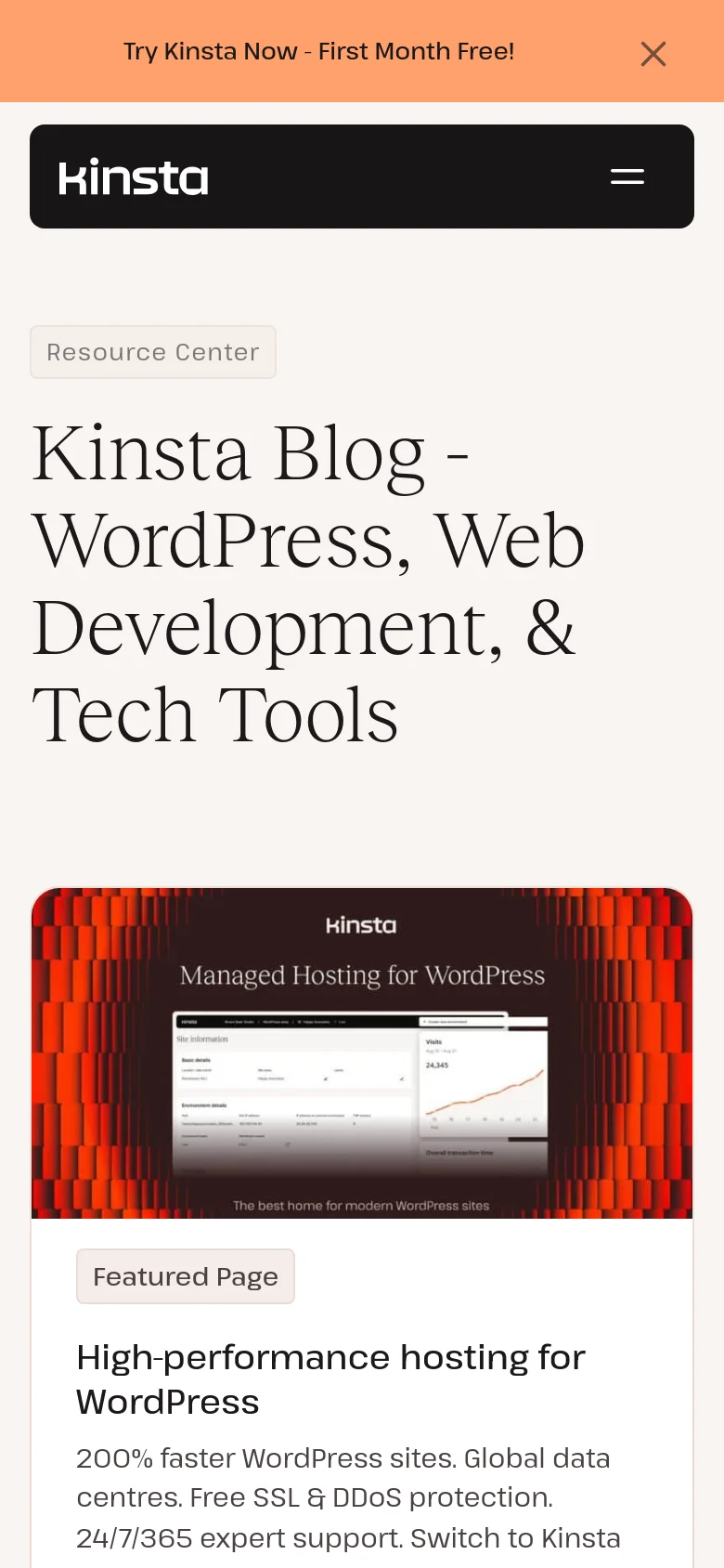 The mobile version presents a simplified vertical layout with a dark header containing the Kinsta logo and a hamburger menu icon. The large serif headline is stacked vertically, and the featured blog post is displayed as a full-width card with a large image of a laptop against an orange background, followed by text content below it.