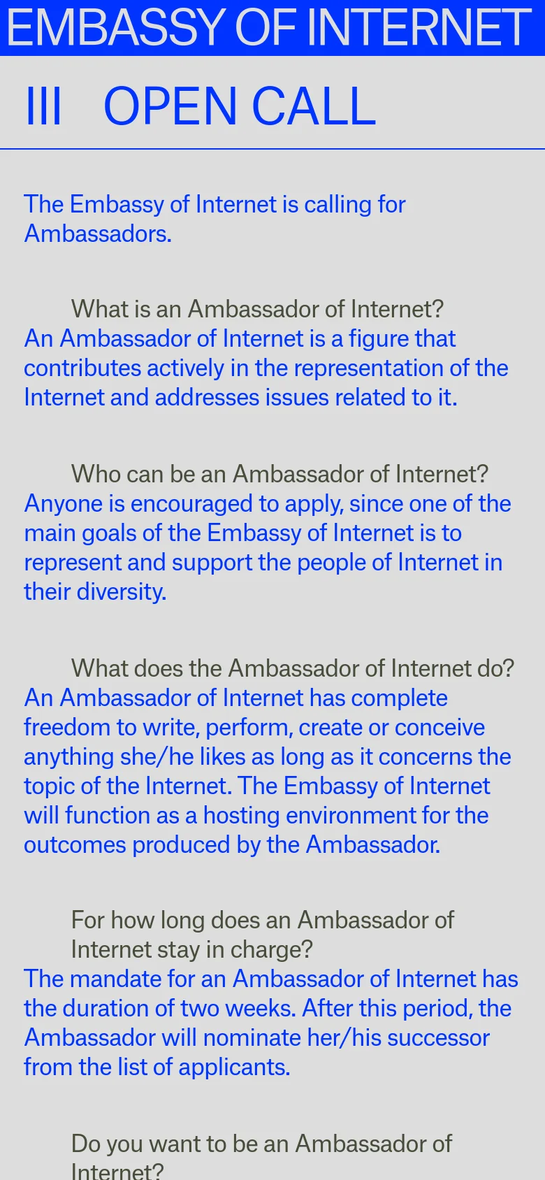 The mobile version presents a simplified, single-column layout with a large blue header containing the title 'EMBASSY OF INTERNET' and 'III OPEN CALL'. The content follows a vertical stack of blue text on a light lavender background, focusing on the ambassador application details and questions. The side margin is significantly reduced compared to the desktop view.
