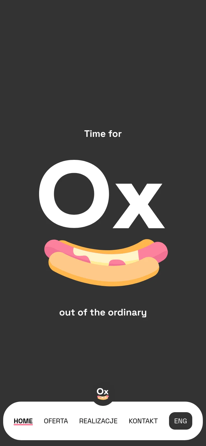 The mobile version maintains the dark gray theme and centered hero text 'Ox' with the hot dog graphic, but the layout is vertically stacked to fit the narrow screen. The navigation bar is moved to a large, rounded white pill-shaped container at the bottom of the screen, containing the menu links and language toggle.