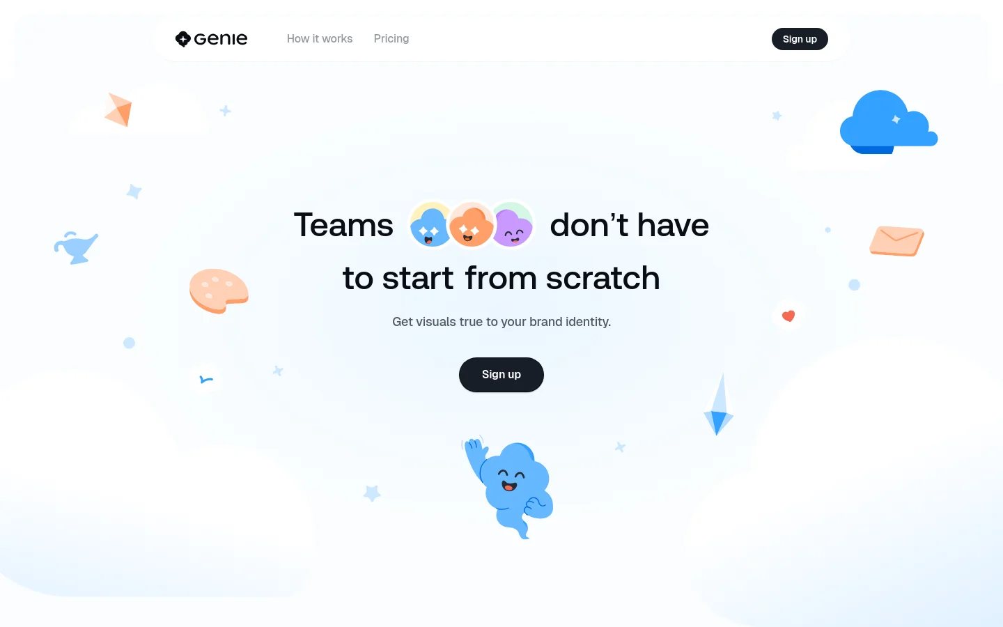 The desktop homepage features a clean, white background with playful, colorful illustrations of clouds, stars, and magic lamps scattered around. A central headline reads 'Teams don't have to start from scratch' above a 'Sign up' call-to-action button, with a navigation bar at the top containing the Genie logo, 'How it works', 'Pricing', and a 'Sign up' button.