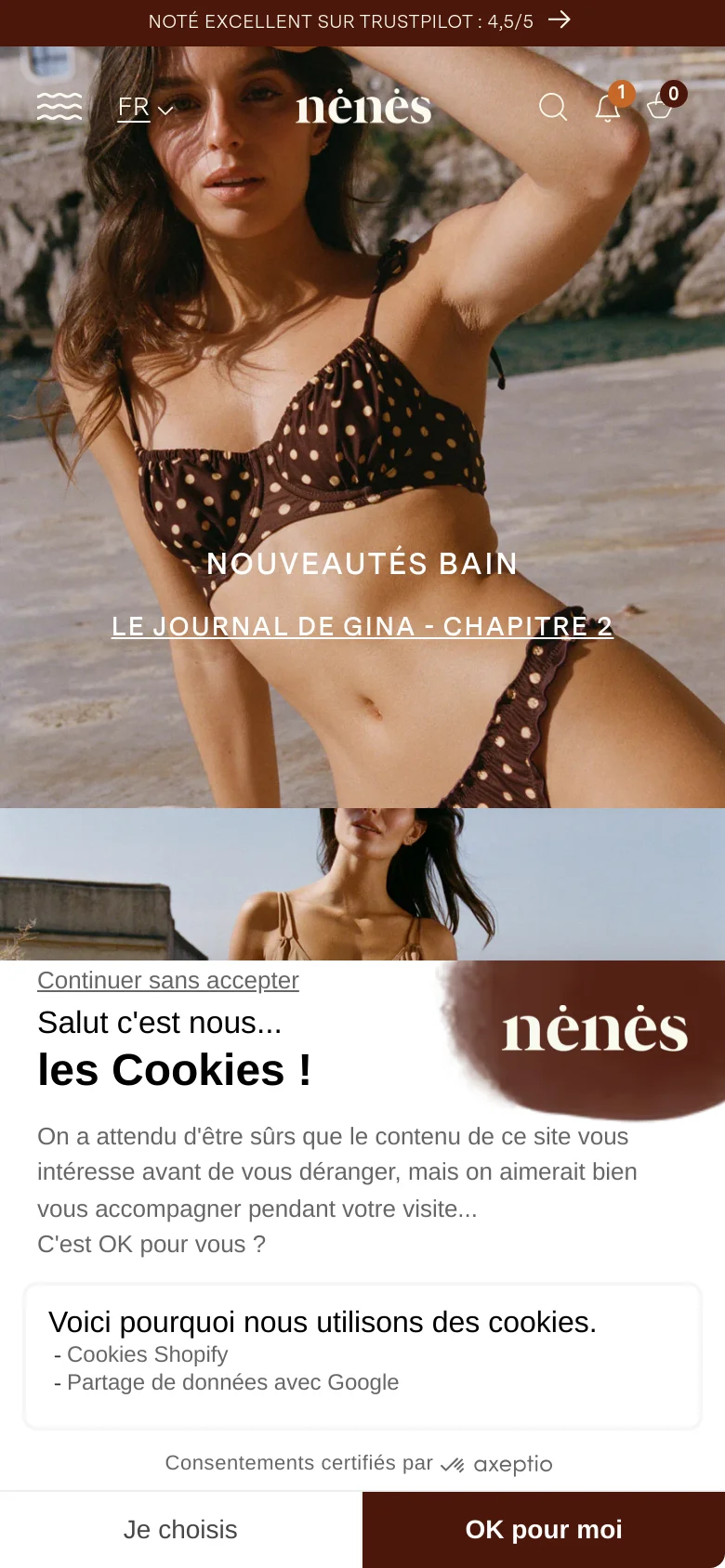 The mobile version presents a vertically oriented hero image of the same woman in swimwear, with the main headlines centered. The navigation is condensed, showing a hamburger menu icon on the left and the brand logo 'nénés' in the center. The cookie consent banner occupies the bottom half of the screen with large 'Je choisis' and 'OK pour moi' buttons.