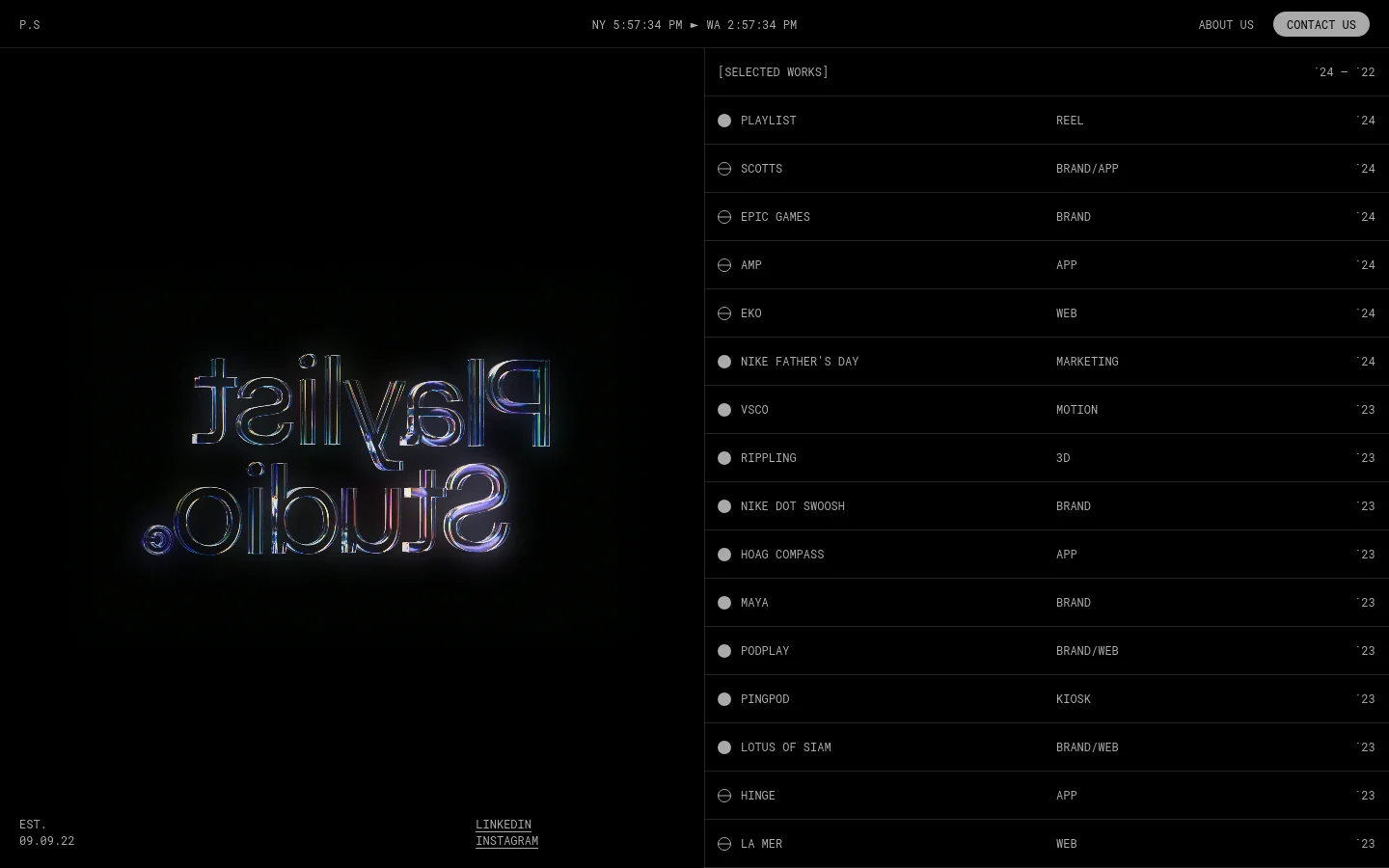 The desktop homepage features a dark minimalist design with a large, stylized, iridescent 'Playlist Studio' logo centered on the left. On the right, a vertical list of selected works displays project names, types, and years in a clean, white sans-serif font against the black background. Navigation links for 'About Us' and 'Contact Us' are positioned at the top right.