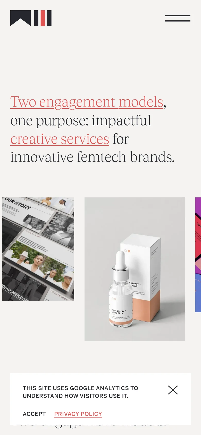 The mobile version presents a vertically stacked layout optimized for smaller screens. The large headline is centered, and the portfolio images are displayed in a single-column format below the text. A cookie consent banner appears at the bottom of the screen, and the navigation menu is condensed into a hamburger icon at the top right.