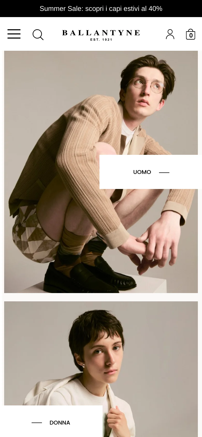 The mobile version uses a condensed header with a hamburger menu, search icon, logo, user profile, and shopping bag. The hero section transitions to a vertical stack, showing the male model image first followed by the female model image, with the 'UOMO' and 'DONNA' navigation buttons overlaid on their respective images. The black Summer Sale banner remains at the top of the viewport.