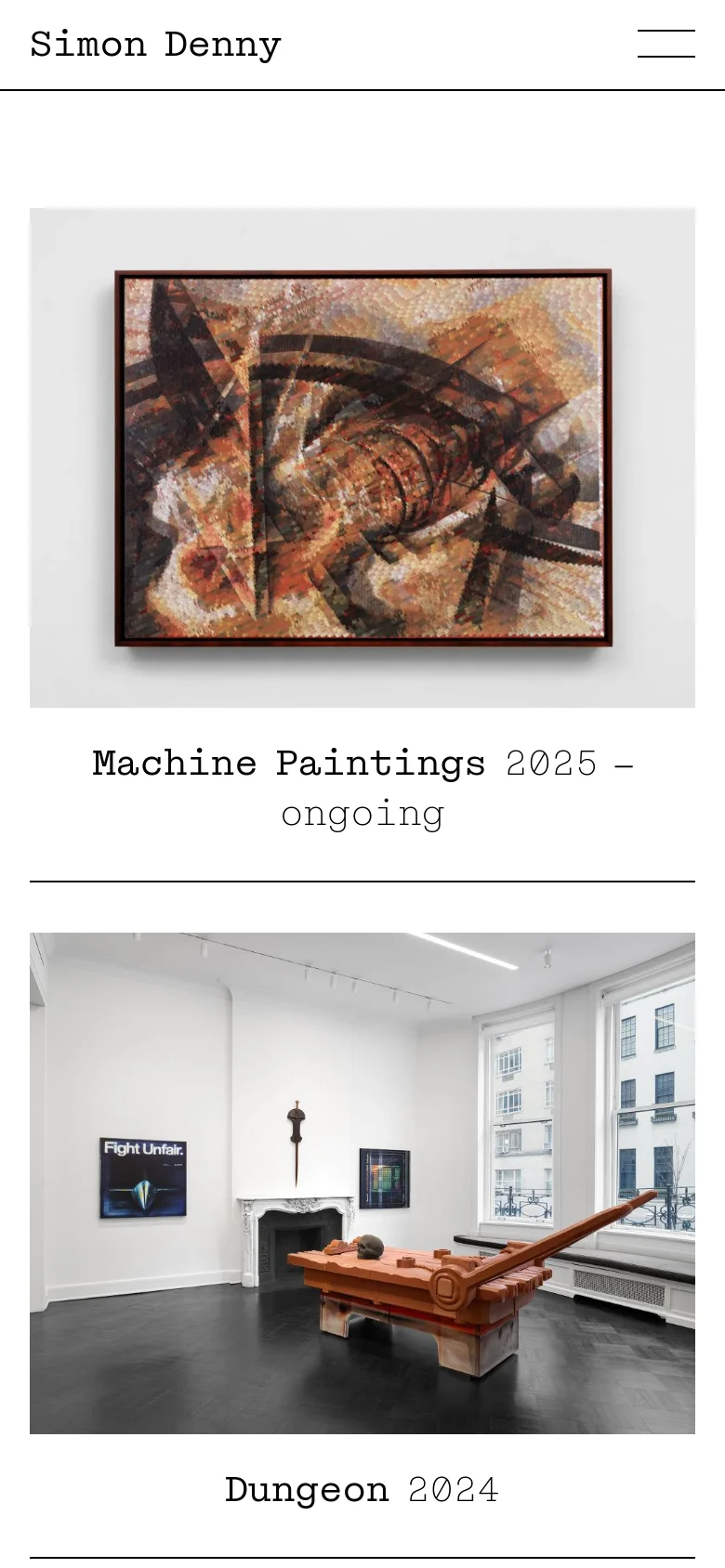 The mobile version maintains the minimalist white aesthetic but optimizes the layout for a narrow screen. The project images and text blocks are stacked vertically in a single column, ensuring the large preview images and project titles remain legible on a smaller display.