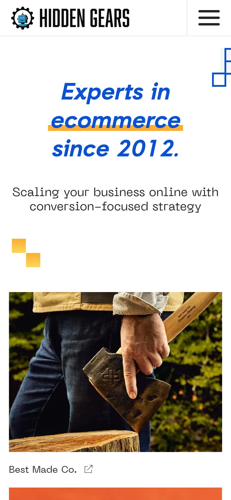 The mobile version uses a single-column vertical layout optimized for smaller screens. The hero text is centered and scaled down, followed by a large full-width featured image for 'Best Made Co.' and a hamburger menu icon in the top right corner.