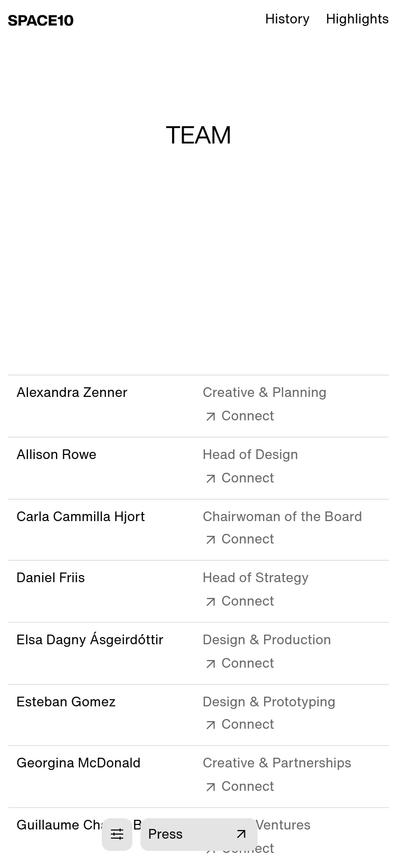 The mobile version maintains the minimalist white and black aesthetic but transitions the team list into a single-column vertical layout. Each entry shows the member's name, role, and a 'Connect' link stacked vertically for easier scrolling on a small screen.