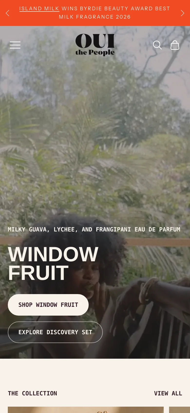 Mobile version of the homepage with a vertically oriented hero image showing a close-up of the tropical scene and the 'WINDOW FRUIT' headline. The navigation is condensed into a hamburger menu icon at the top left, with search and shopping bag icons at the top right. The primary call-to-action buttons are stacked vertically below the main text.