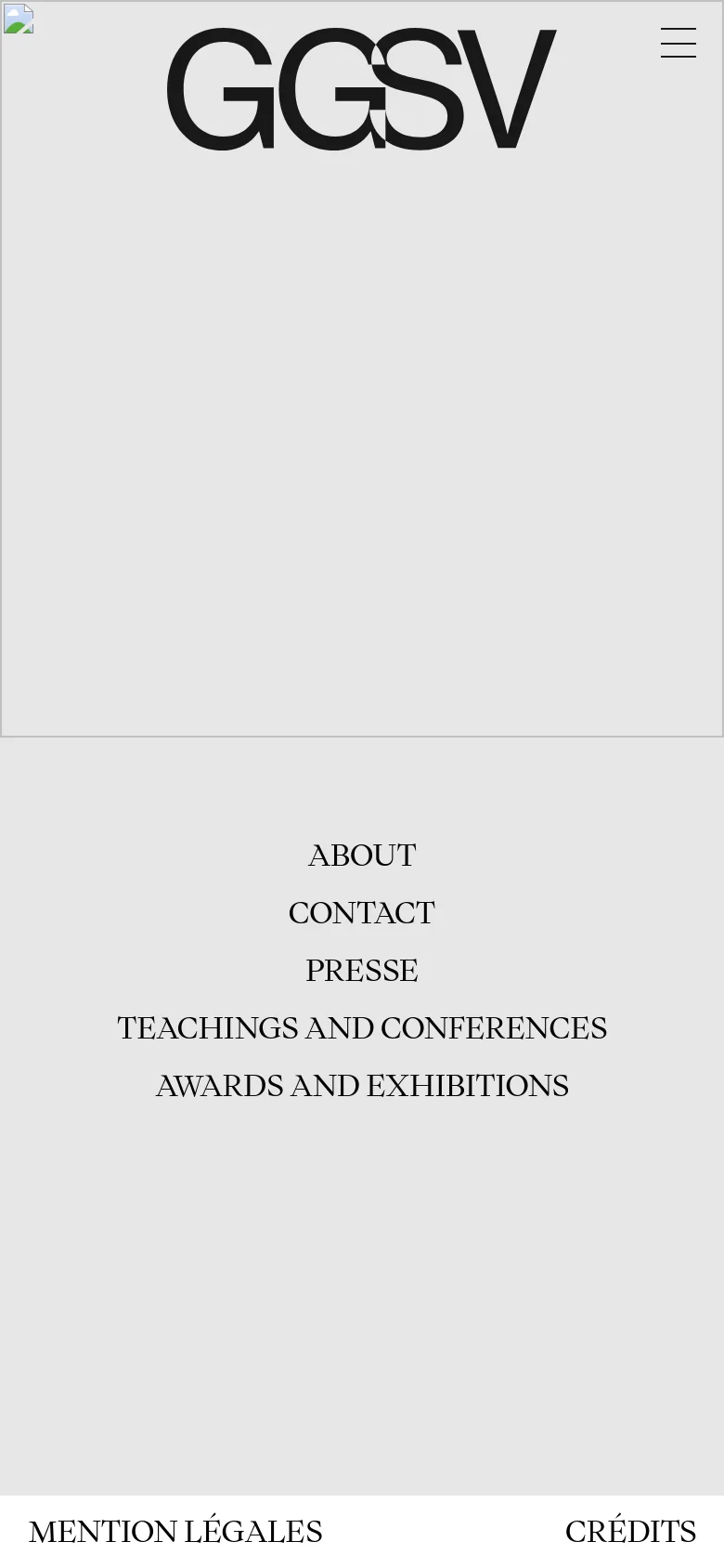 The mobile version simplifies the layout, replacing the top navigation with a hamburger menu icon and a smaller GGSV logo. The content is stacked vertically, with the 'About' text followed by a list of navigation links including 'Contact', 'Presse', and 'Awards and Exhibitions'. The color palette remains a consistent light gray and black.