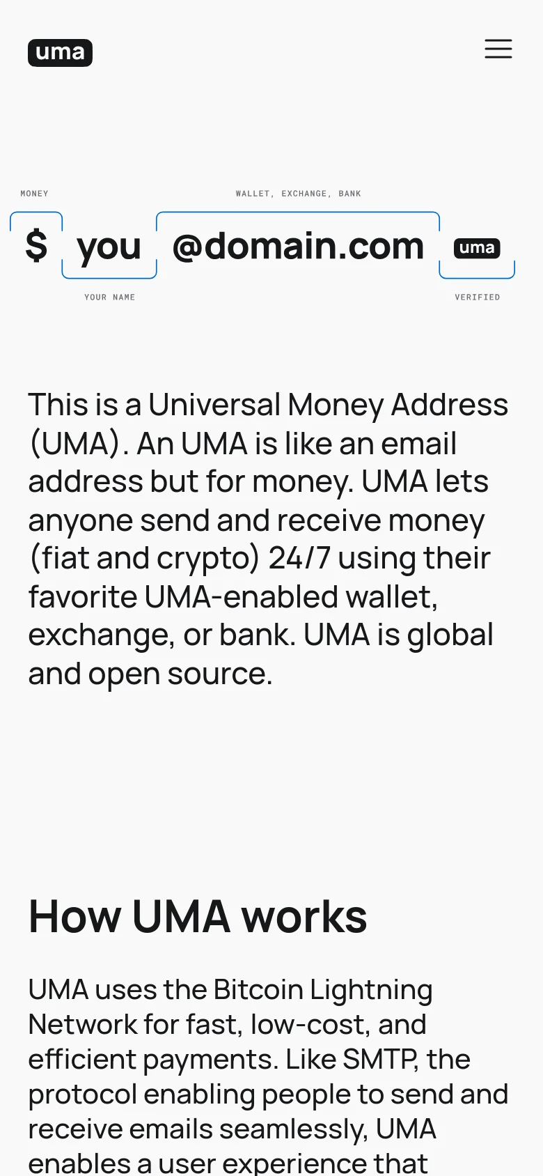 The mobile version uses a single-column layout optimized for vertical scrolling. The navigation menu is collapsed into a hamburger icon, and the hero graphic of the UMA address is scaled down to fit the screen width. The text remains centered and legible, maintaining the high-contrast black text on a white background.