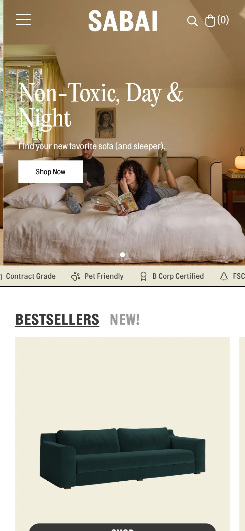The mobile version uses a vertically stacked layout, beginning with a large hero image of the sofa and couple that fills the screen width. The headline and 'Shop Now' button are centered over the image, followed by a simplified icon-based bar for certifications. The product slider for 'BESTSELLERS' is scaled for vertical scrolling, showing single product cards prominently.
