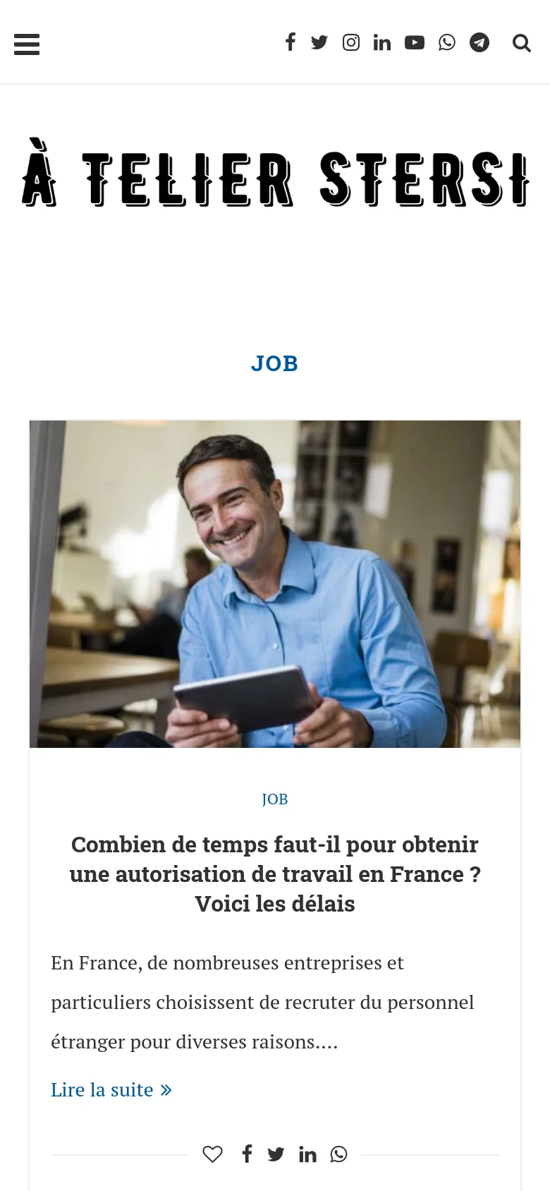 The mobile version features a simplified vertical layout with a hamburger menu and social media icons at the top. The main content displays the 'JOB' heading followed by the featured article's large image, headline, and text excerpt. The sidebar elements from the desktop version are removed from the immediate view to prioritize the article content.