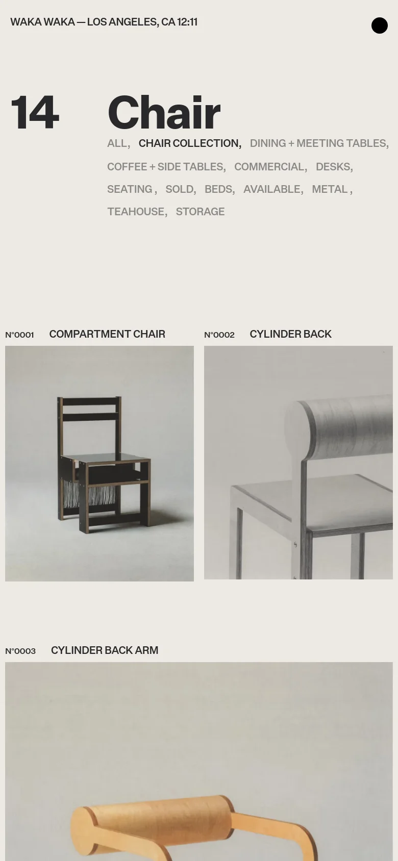 The mobile version maintains the minimalist aesthetic and beige color scheme but uses a single-column vertical layout. The large '14 Chair' header and category navigation are stacked vertically, and the product grid transitions into large, full-width images of individual furniture pieces.