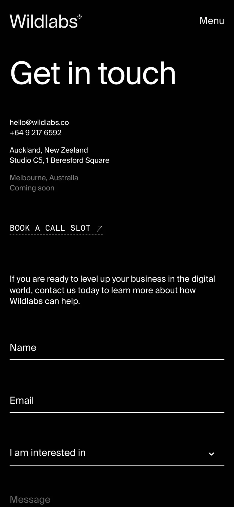 The mobile version maintains the dark theme and white text but uses a single-column vertical layout. The 'Get in touch' headline and contact information are stacked at the top, followed by the contact form fields and a 'SUBMIT' button below. The navigation is condensed into a 'Menu' button at the top right.