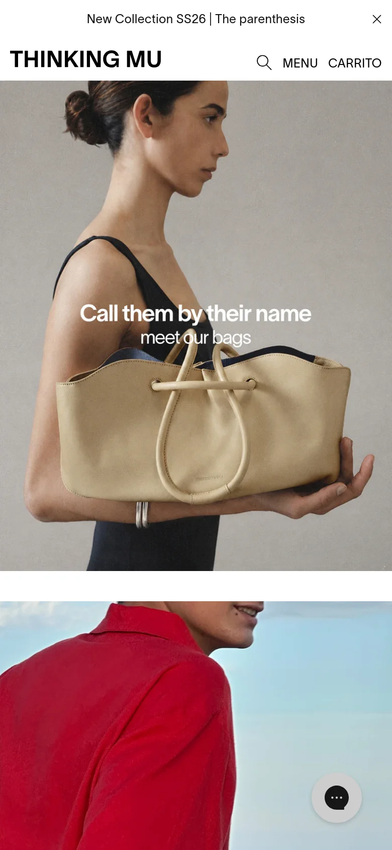 The mobile version uses a single-column vertical layout, prioritizing large, full-width imagery for the hero section and product displays. The top navigation is condensed into a 'MENU' button next to the brand logo, and the 'New In' sections are stacked vertically to optimize scrolling on smaller screens.