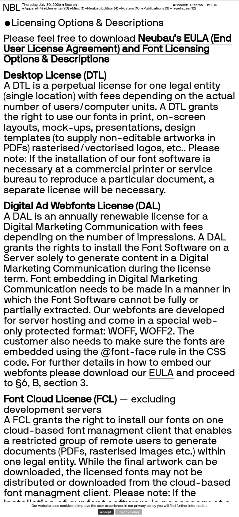 The mobile version presents a single-column layout with a simplified header and a condensed navigation menu. The text is larger for readability, and the content flows vertically, focusing on the licensing descriptions and the prominent download link at the top.
