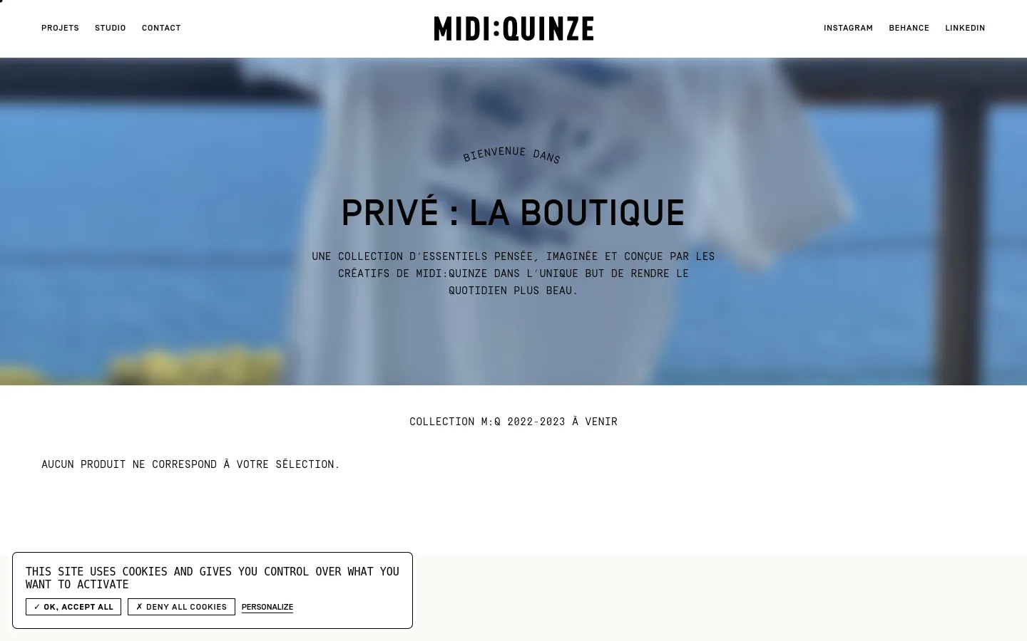 The desktop boutique page features a minimalist design with a large, blurred hero image of a person in a white shirt against a blue background. Centered text reads 'PRIVÉ : LA BOUTIQUE' followed by a brief description of the collection, with a navigation menu at the top and a cookie consent banner at the bottom. The layout is spacious with a clean, white background for the product section below the hero.